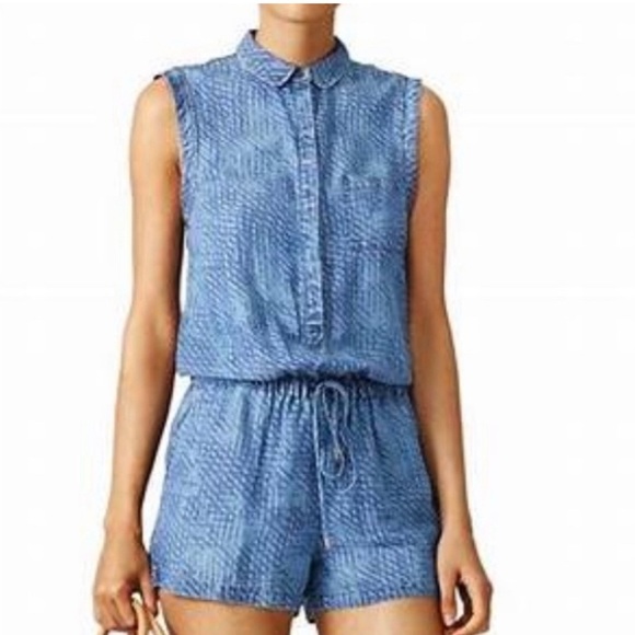 Tart Button-up Chambray Printed Denim Romper With Drawstring Waist Size L - Picture 4 of 15